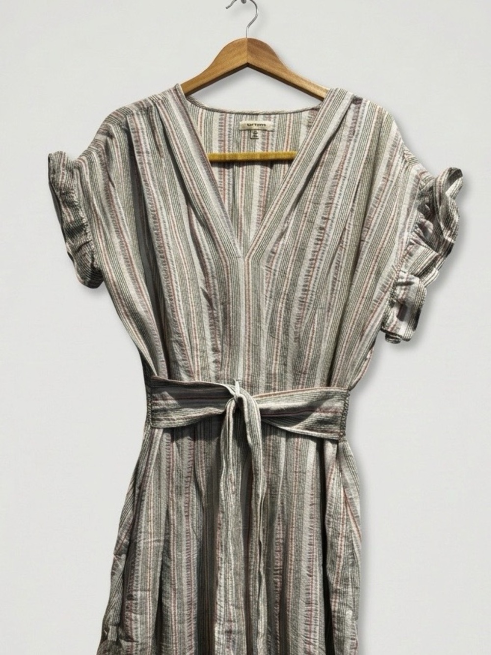 Max Studio Striped Midi Dress Size Large Ruffle Sleeve Tie Waist